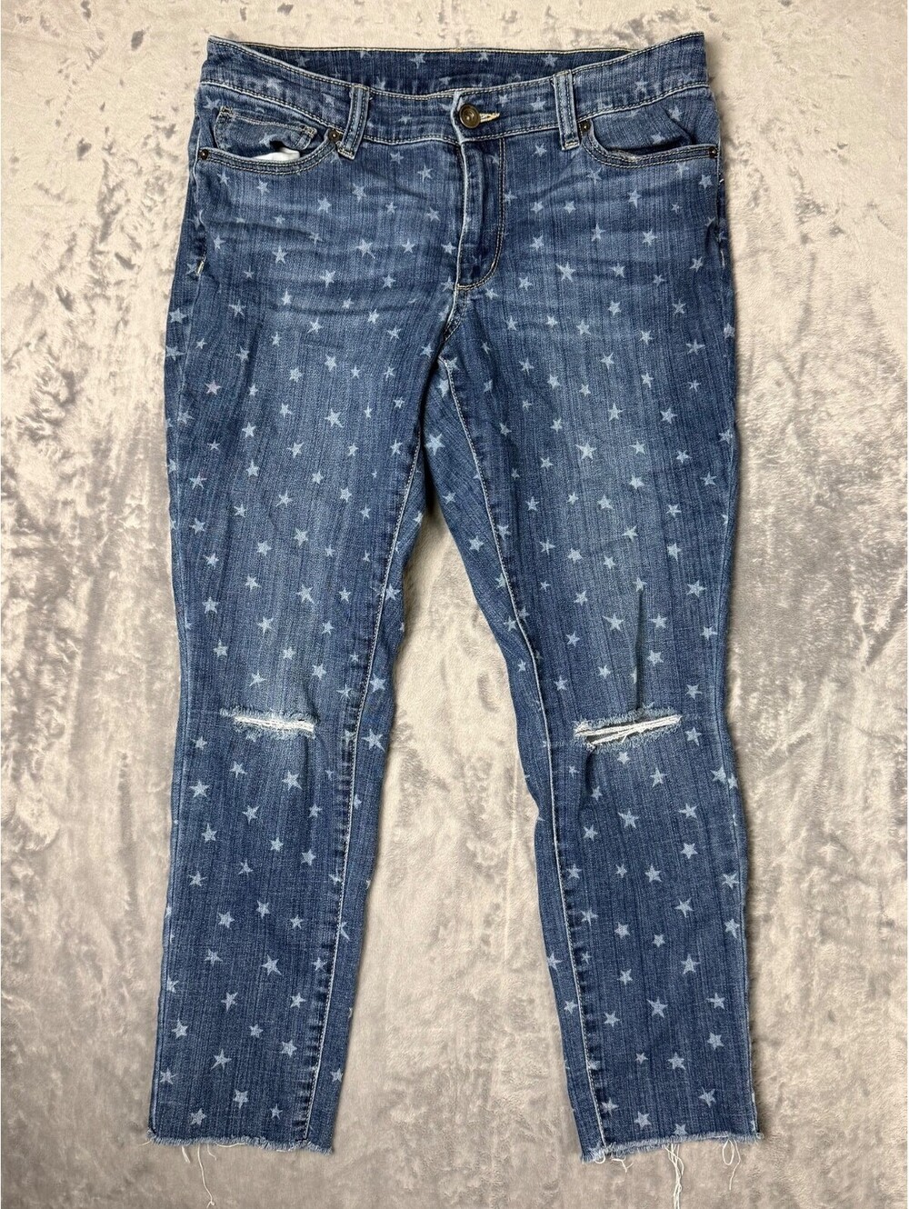Time And Tru Womens 12 Star Print Distressed Raw Hem Skinny Jeans Blue
